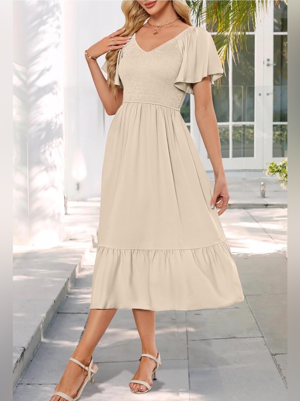 NWT Cream Smocked V-Neck Midi Dress with Flutter Sleeves, Large - Picture 3 of 10